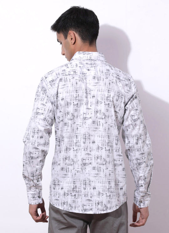 Grey Cotton Printed Slim Fit Shirt with Single Patch Pocket