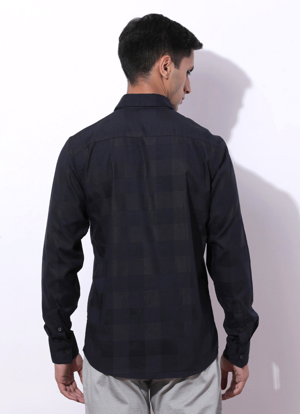 Navy Cotton Spandex Checked Slim Fit Shirt with Single Patch Pocket