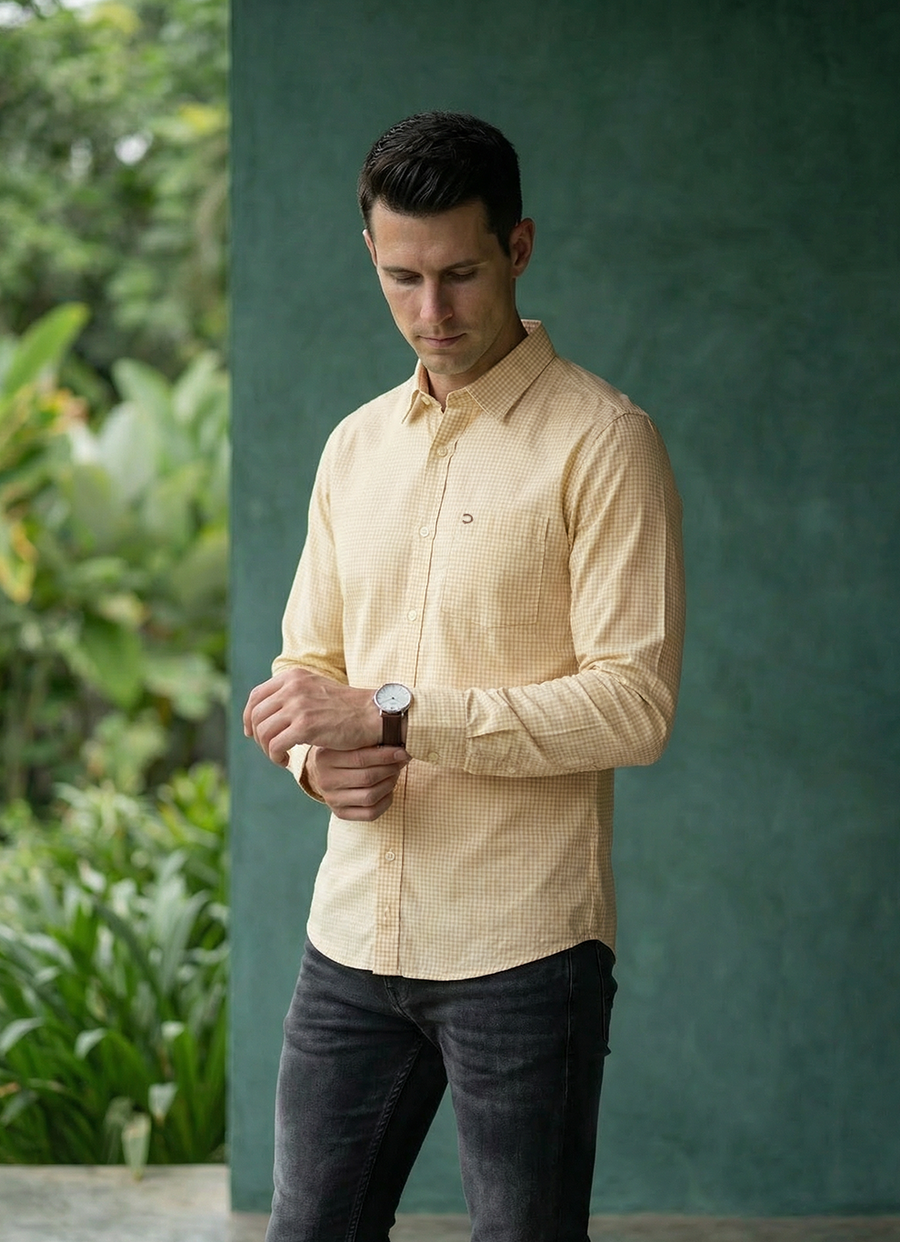 Beige Cotton Seersucker Checks Slim Fit Full Sleeve Shirt