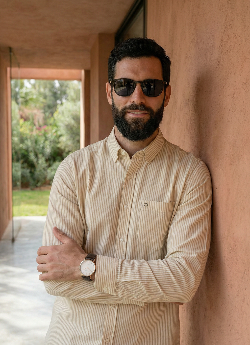 Beige Cotton Seersucker Stripes Slim Fit Full Sleeve Shirt
