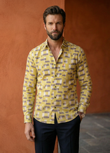 Yellow Cotton Satin Print Slim Fit Full Sleeve Shirt