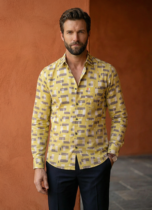 Yellow Cotton Satin Print Slim Fit Full Sleeve Shirt
