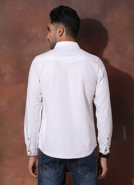 White Denim Solid Slim Fit Shirt with Single Patch Pocket
