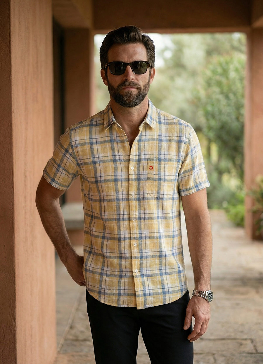 Yellow Cotton Dobby Checks Slim Fit Half Sleeve Shirt