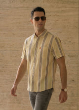 Yellow Cotton Amslar Slim Fit Half Sleeve Shirt
