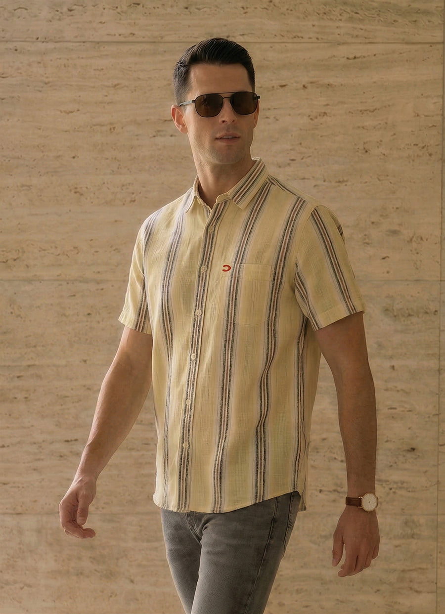 Yellow Cotton Stripes Slim Fit Half Sleeve Shirt