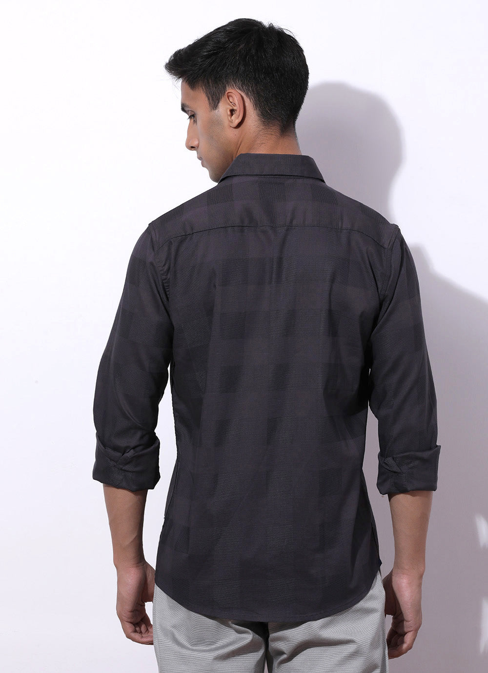 Grey Cotton Spandex Checked Slim Fit Shirt with Single Patch Pocket