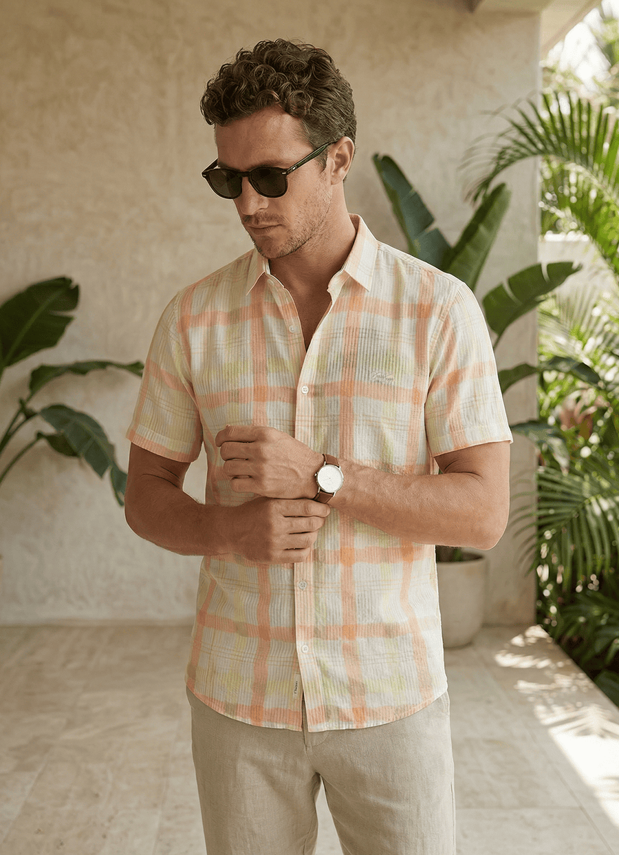 Orange Cotton Checks Slim Fit Half Sleeve Shirt
