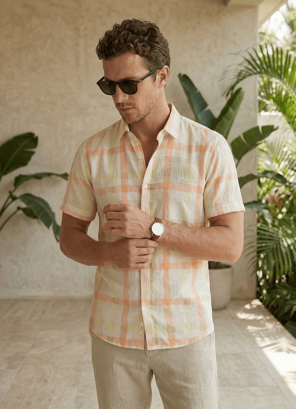 Orange Seersucker Print Cotton Slim Fit Half Sleeve Shirt