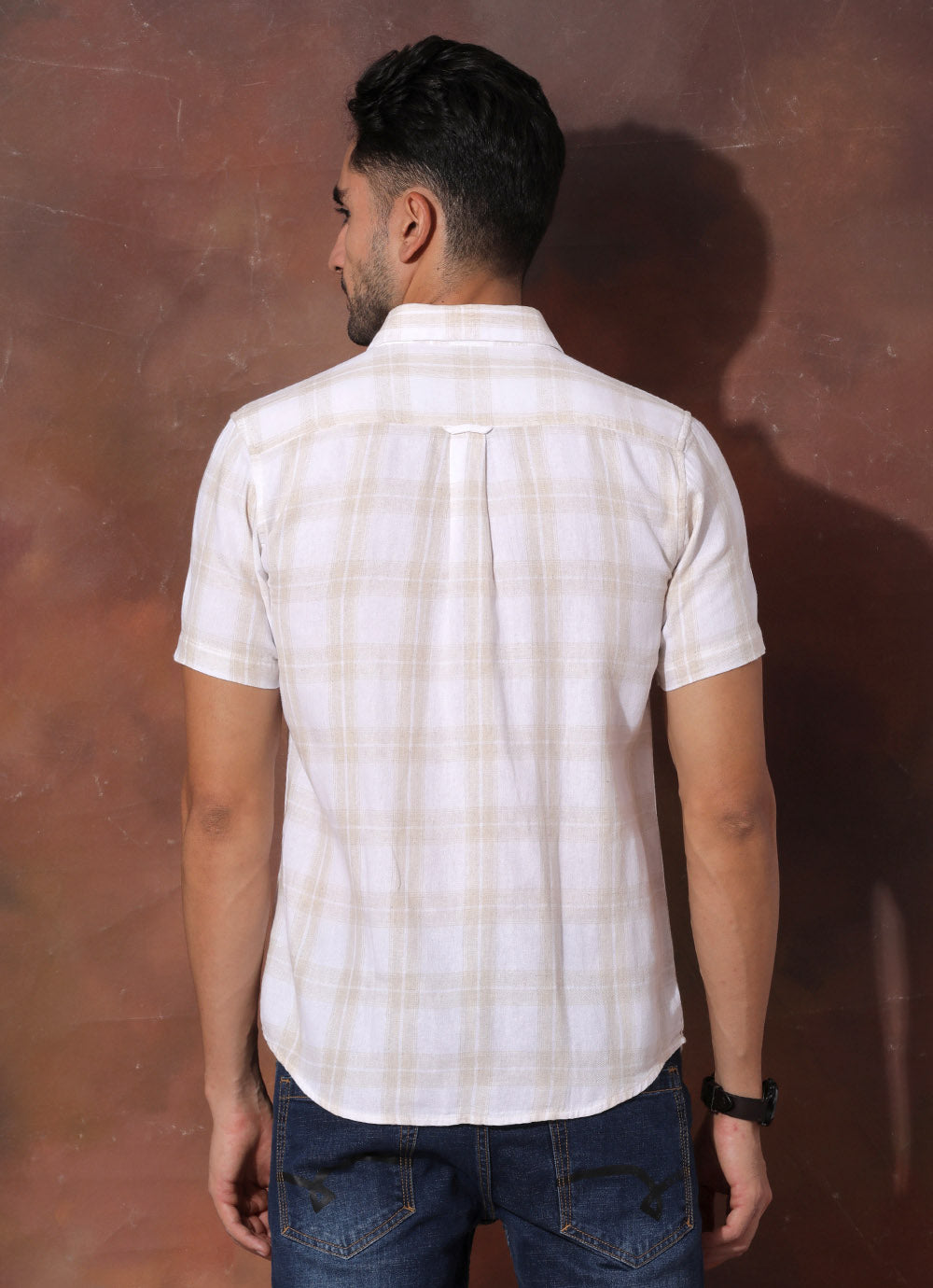 Beige Checked Cotton Linen Slim Fit Shirt with Single Patch Pocket