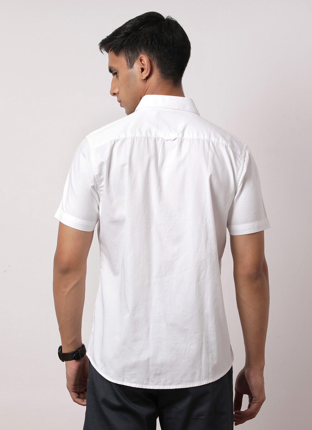 White Cotton Blend Solid Slim Fit Shirt with Single Patch Pocket