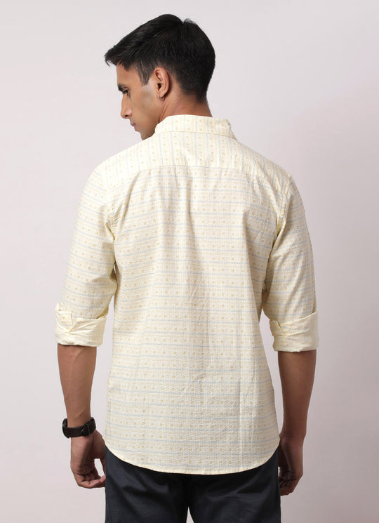 Yellow Cotton Printed Slim Fit Shirt with Single Patch Pocket