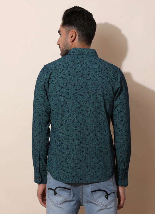 Green Denim Print Slim Fit Shirt with Single Patch Pocket