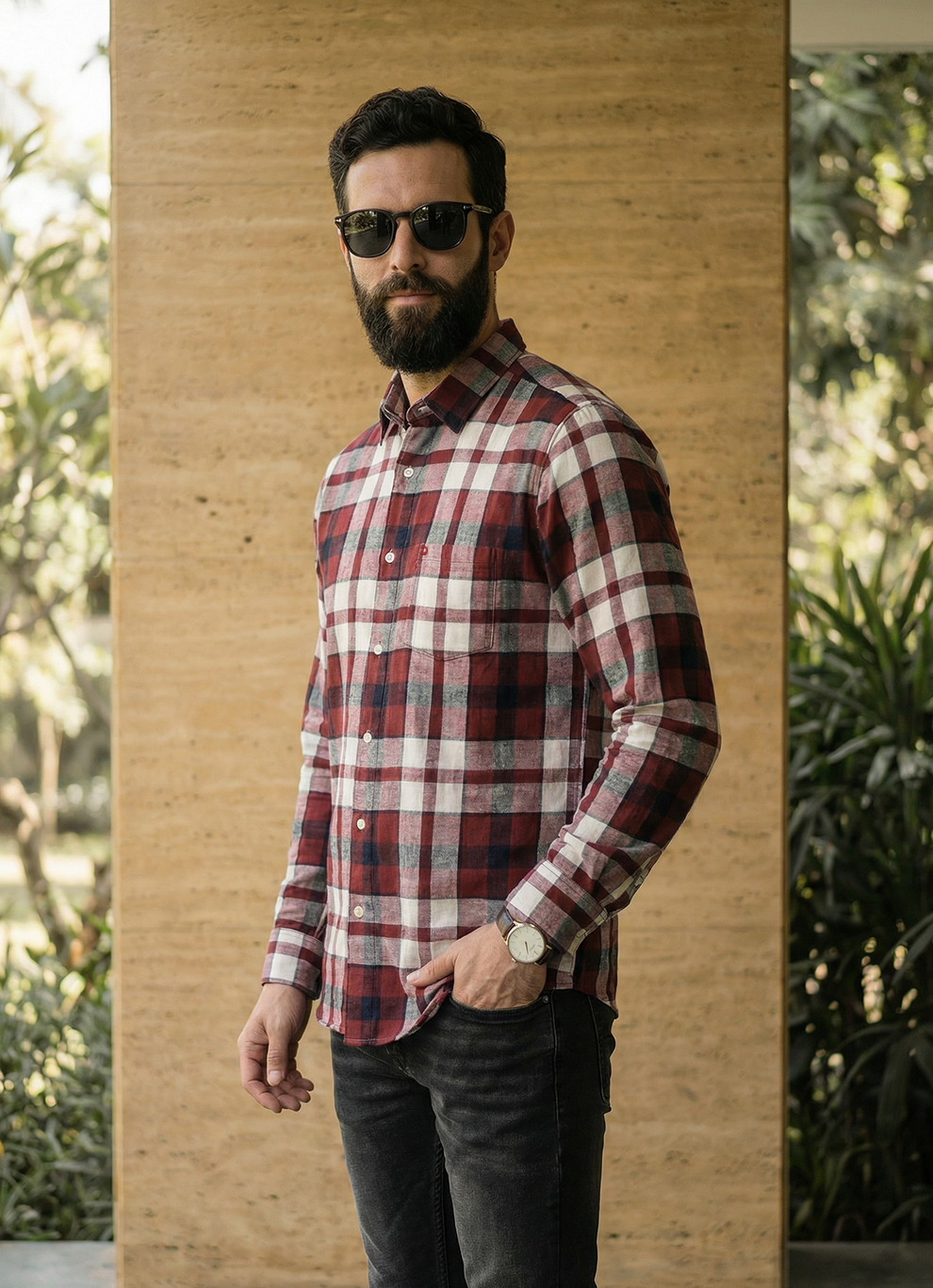 Red Cotton Checks Slim Fit Full Sleeve Shirt