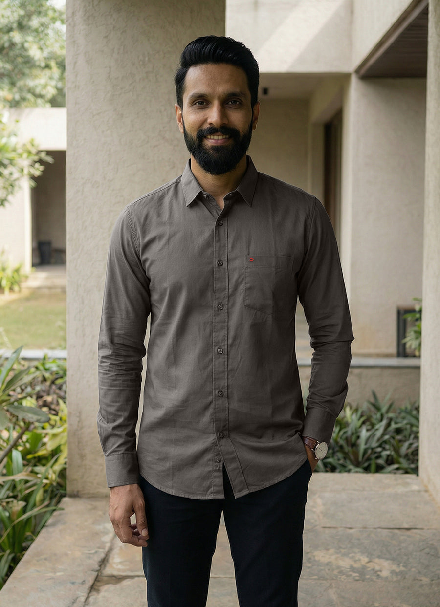 Dark Grey Cotton Satin Slim Fit Full Sleeve Shirt