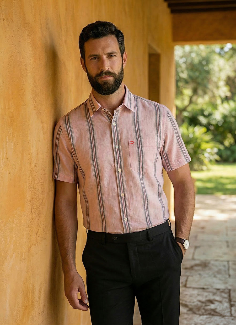 Pink Cotton Stripes Slim Fit Half Sleeve Shirt
