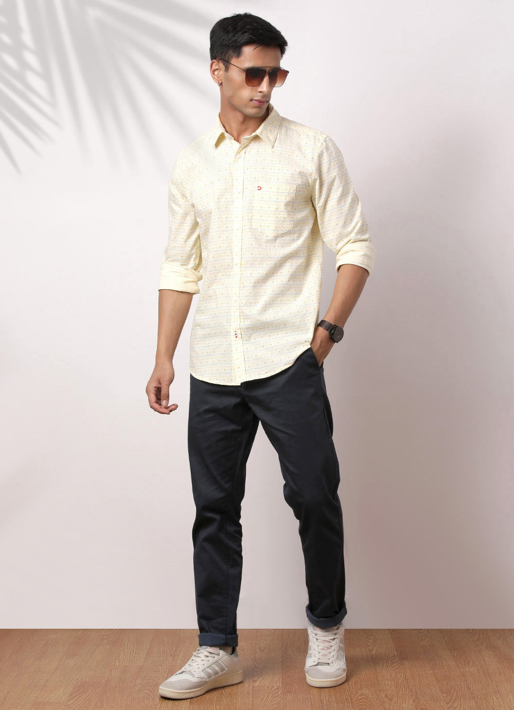 Yellow Cotton Printed Slim Fit Shirt with Single Patch Pocket