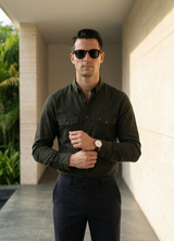 Olive Sulphur Denim Cotton Slim Fit Full Sleeve Shirt