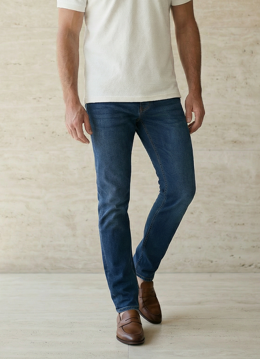 Mid Blue Cotton Slim Fit Jeans