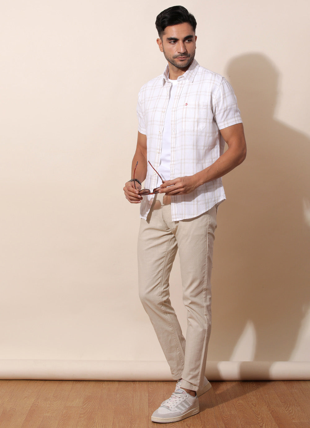 White Cotton Linen Checked Slim Fit Shirt with Single Patch Pocket