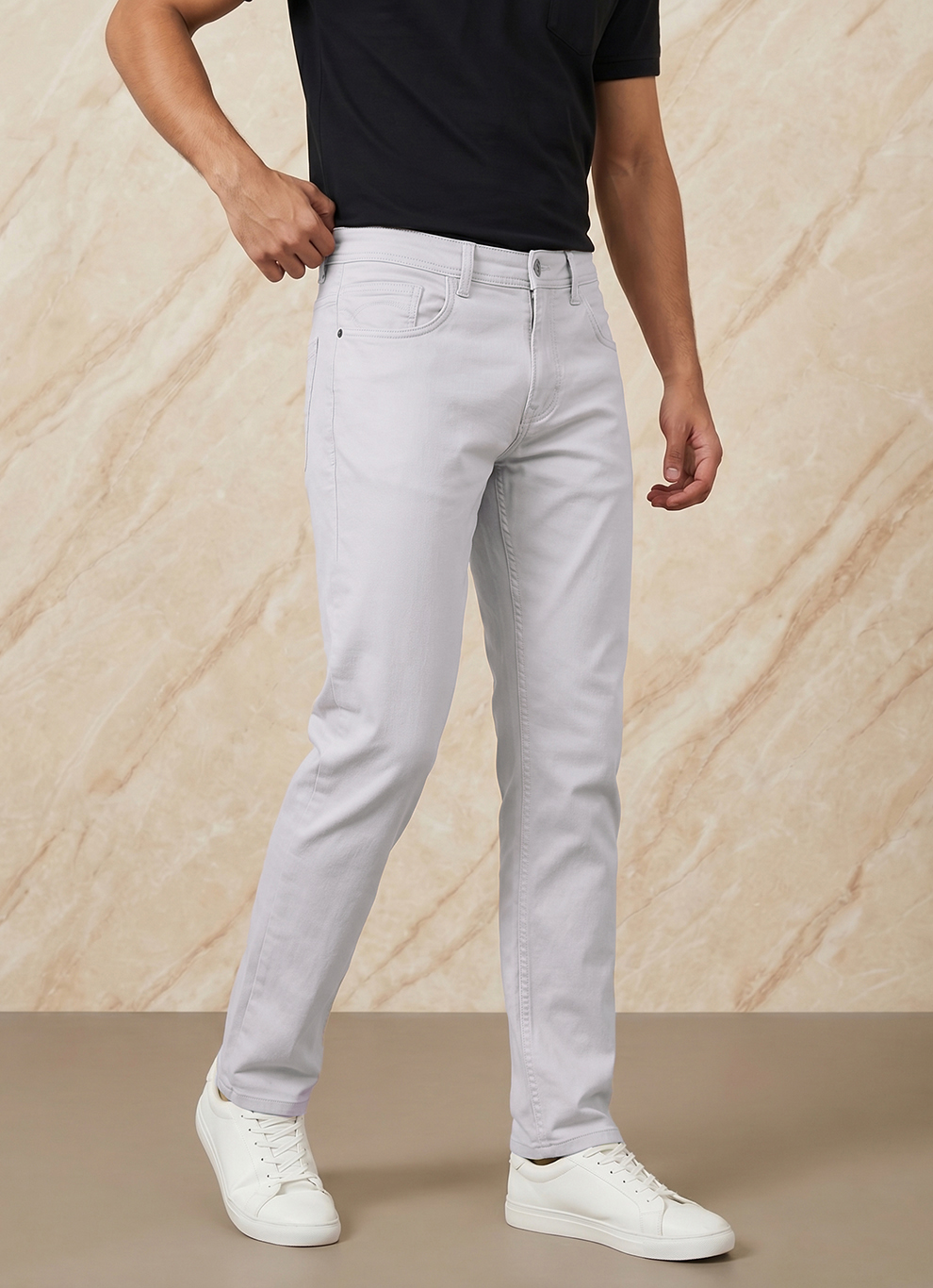 Ecru Cotton Slim Fit Jeans