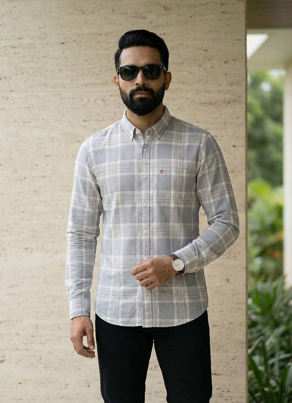 Grey Cotton Checks Slim Fit Full Sleeve Shirt