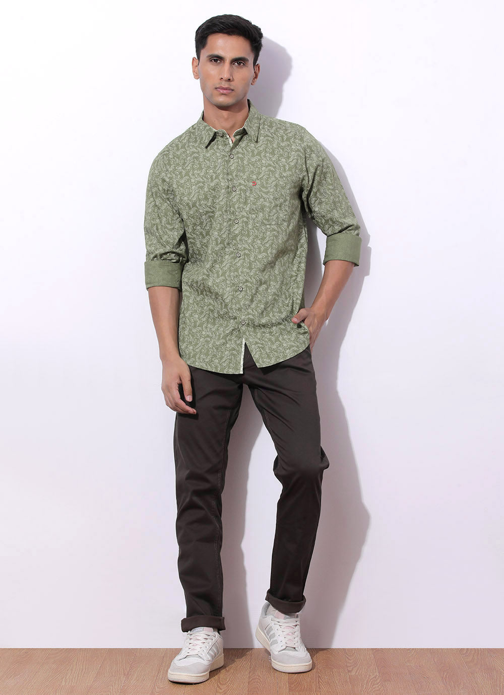 Dark Green Cotton Print Slim Fit Shirt with Single Patch Pocket