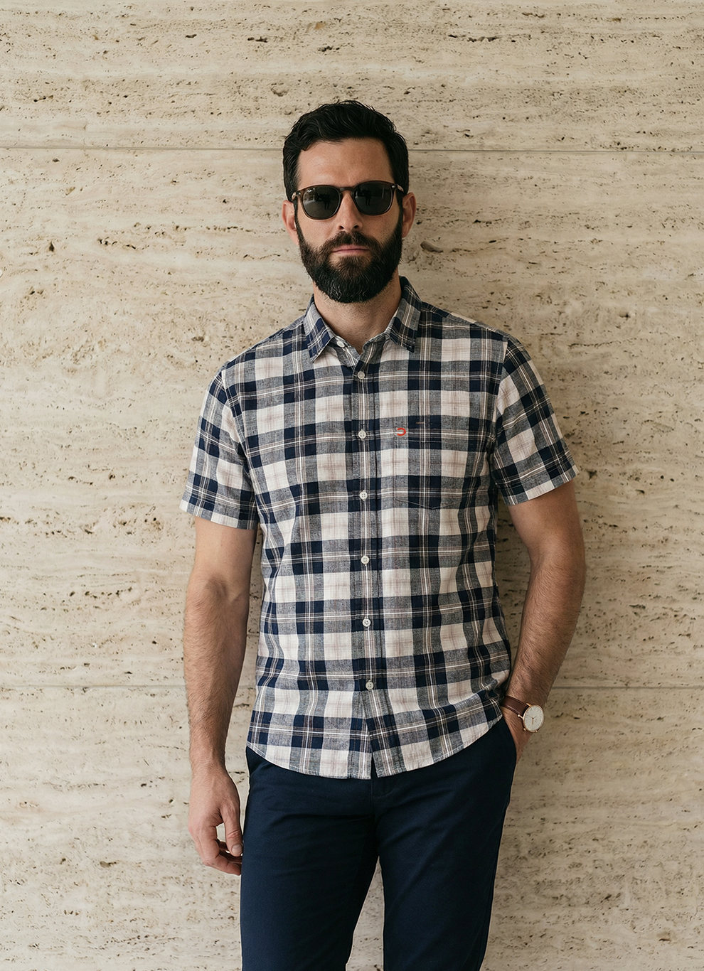 Navy Cotton Dobby Checks Cotton Slim Fit Half Sleeve Shirt