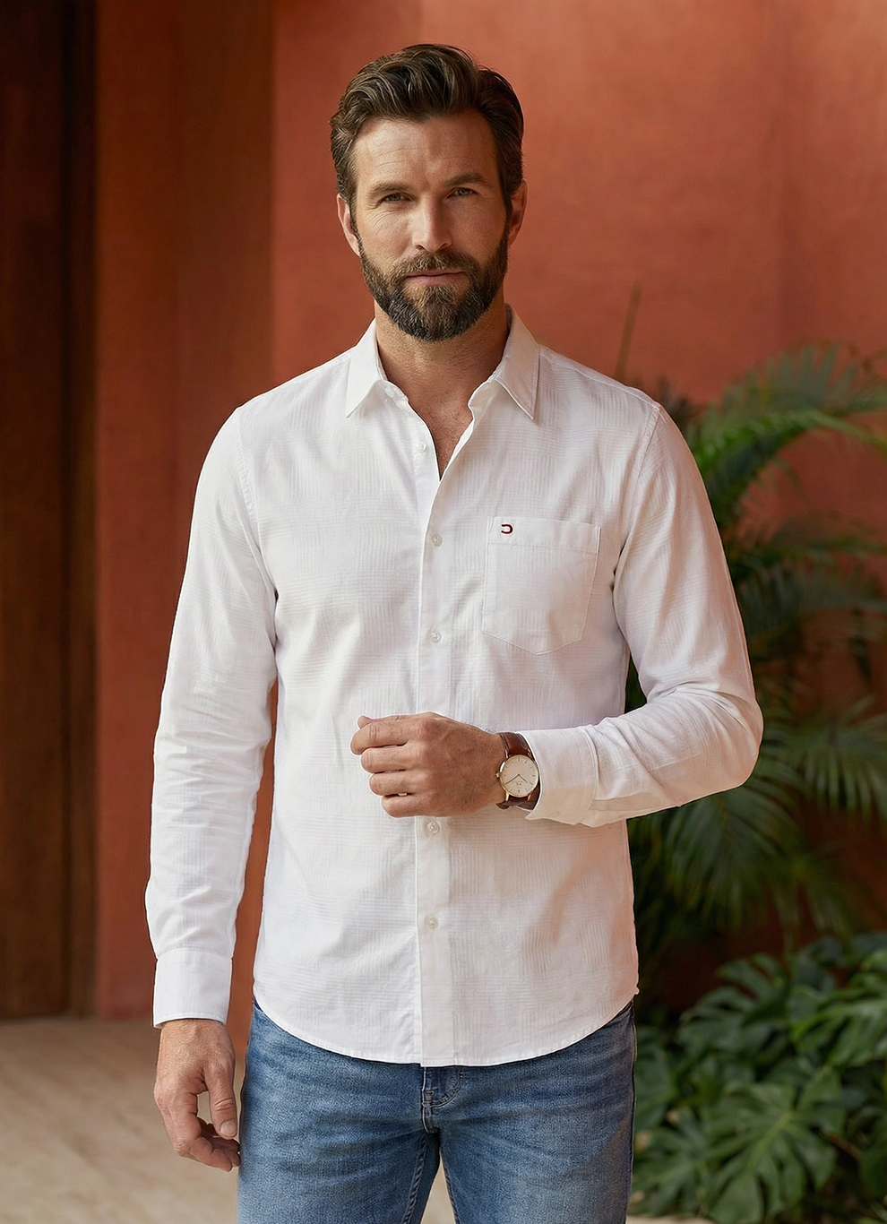 White Cotton Print Slim Fit Full Sleeve Shirt