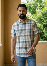 Teal Blue Cotton Stripes Slim Fit Half Sleeve Shirt