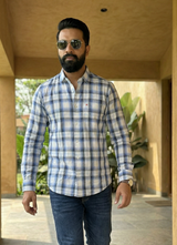 Blue and White Cotton Checks Slim Fit Full Sleeve Shirt