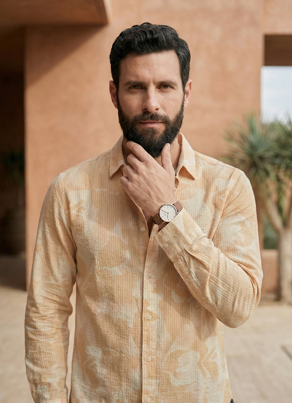 Orange Seersucker Print Cotton Slim Fit Full Sleeve Shirt