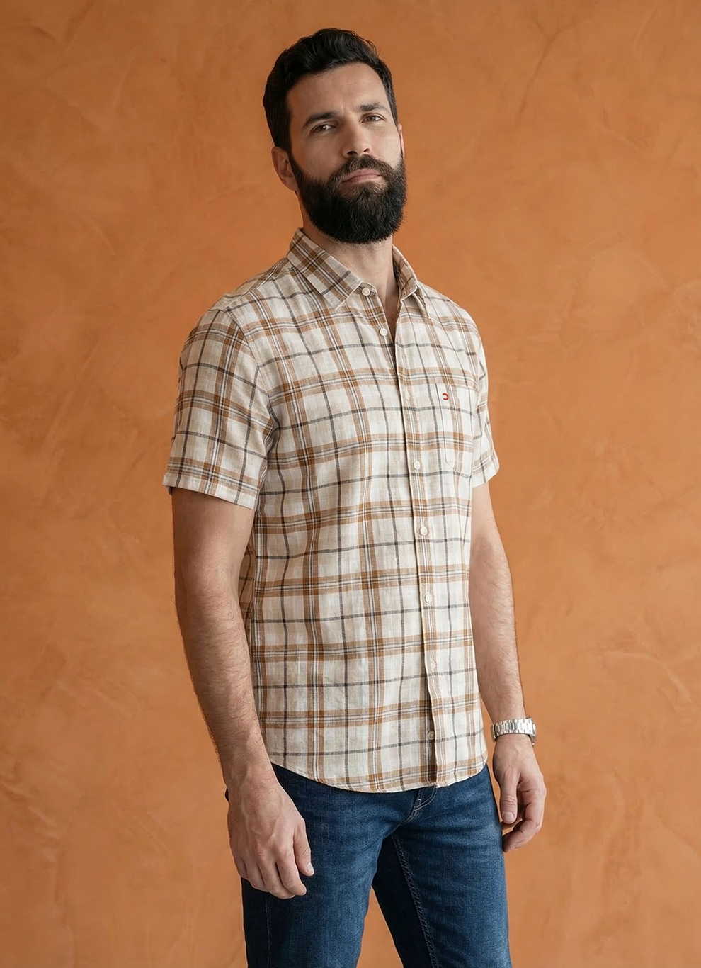 Brown Natural Checks Cotton Slim Fit Half Sleeve Shirt