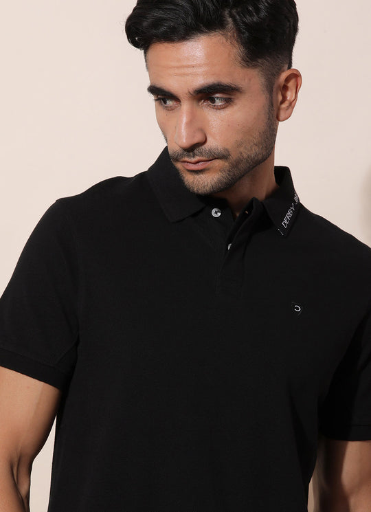 Black Pique Cotton  Cut & Sew Regular  T-shirt