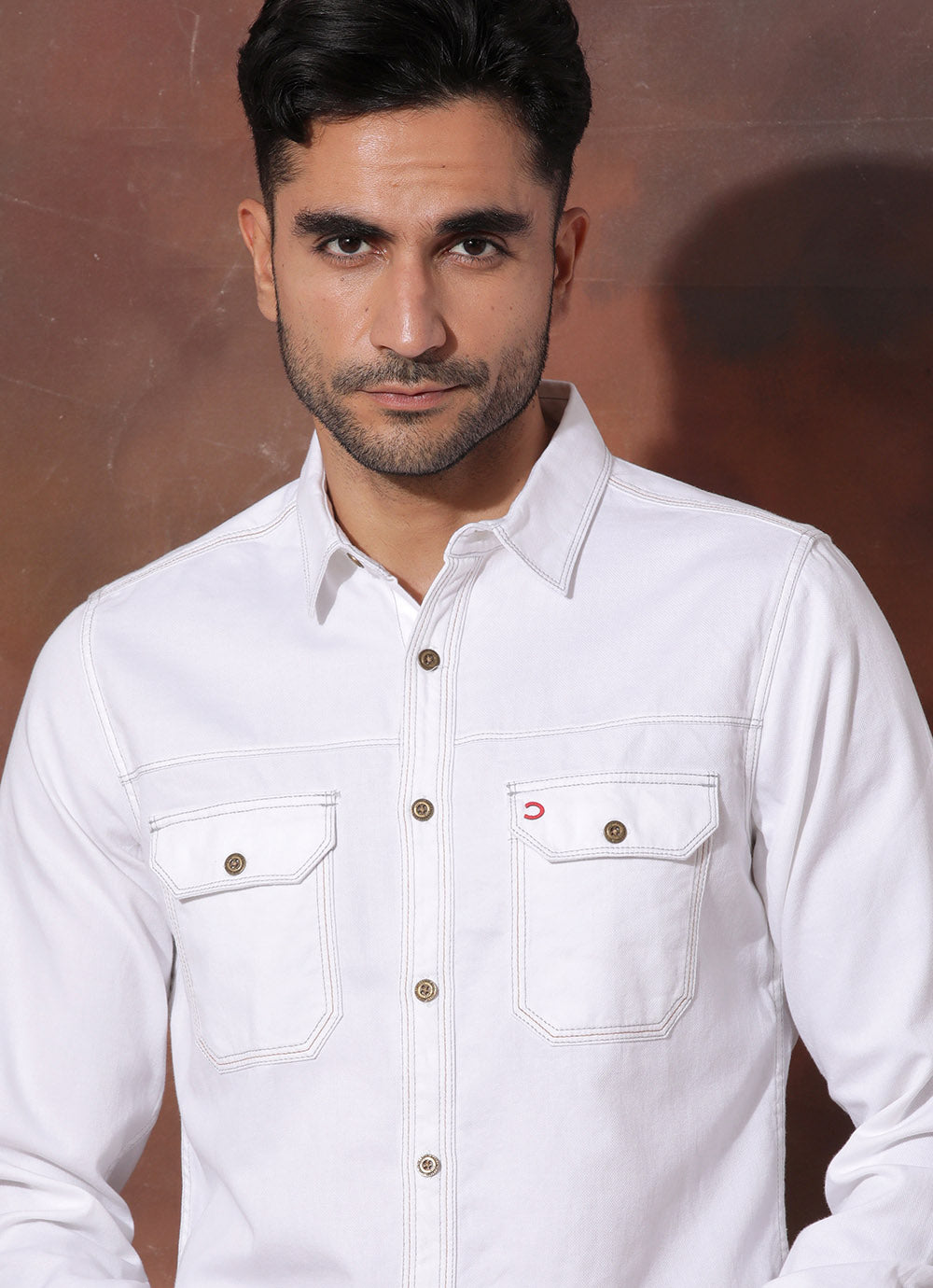 White Denim Solid Slim Fit Shirt with Single Patch Pocket
