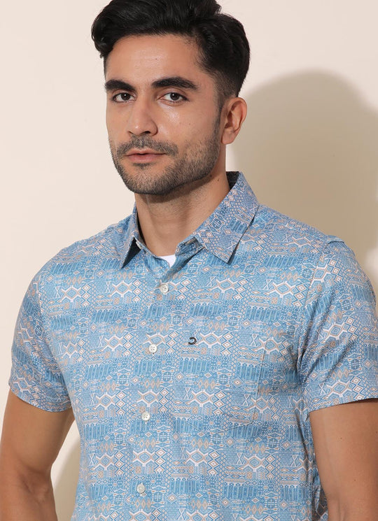 Skyblue Cotton Printed Slim Fit Shirt with Single Patch Pocket