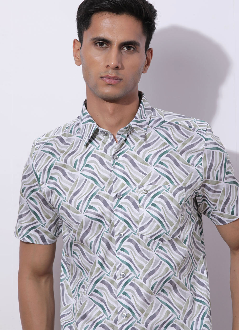 Light Green Print Cotton Slim Fit Shirt