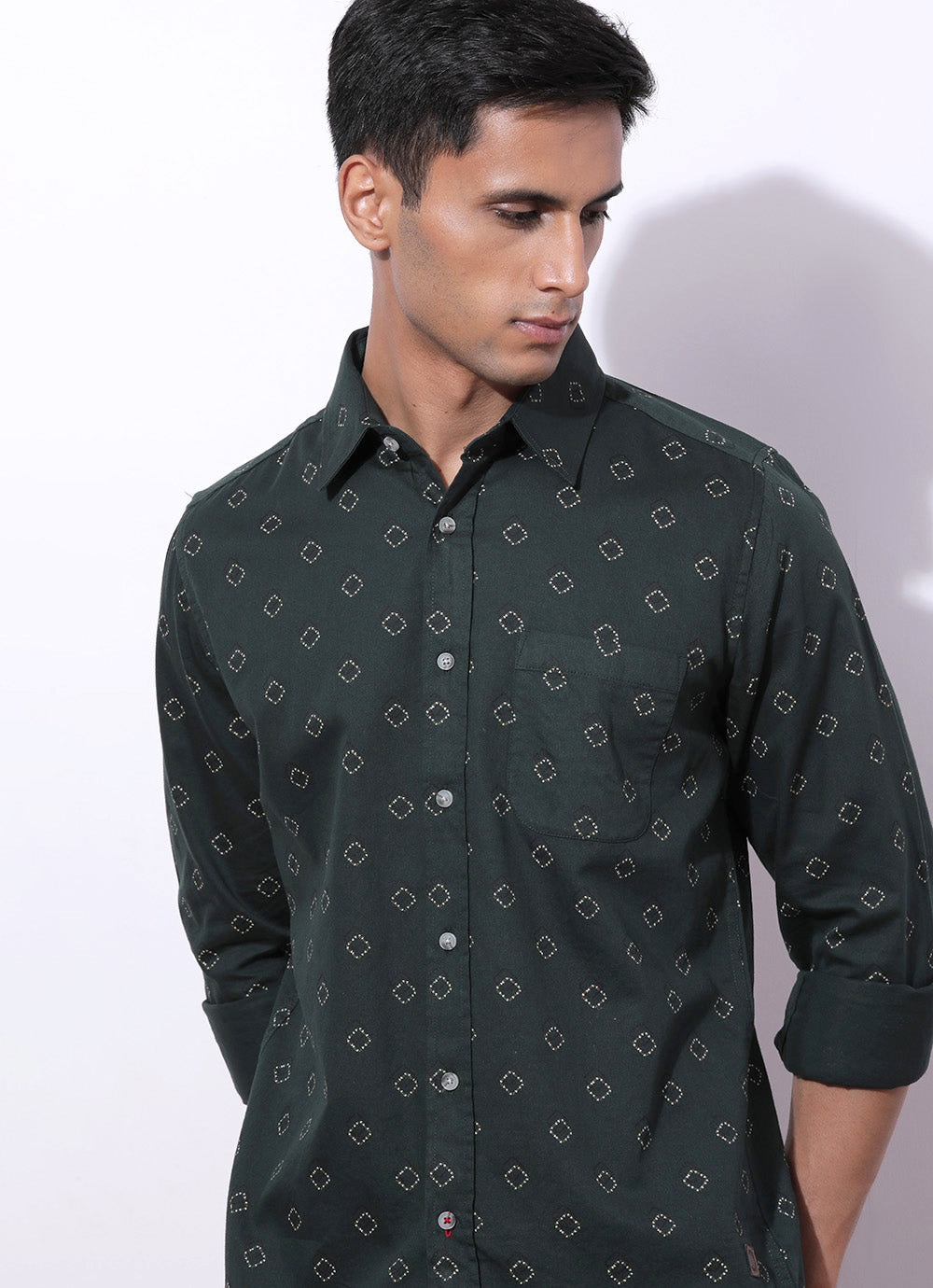 Olive Print Cotton Slim Fit Shirt