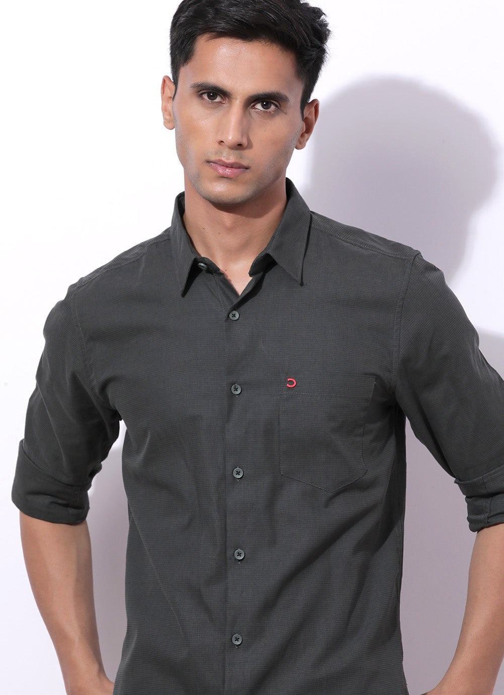 Olive Cotton Solid Slim Fit Shirt with Single Patch Pocket