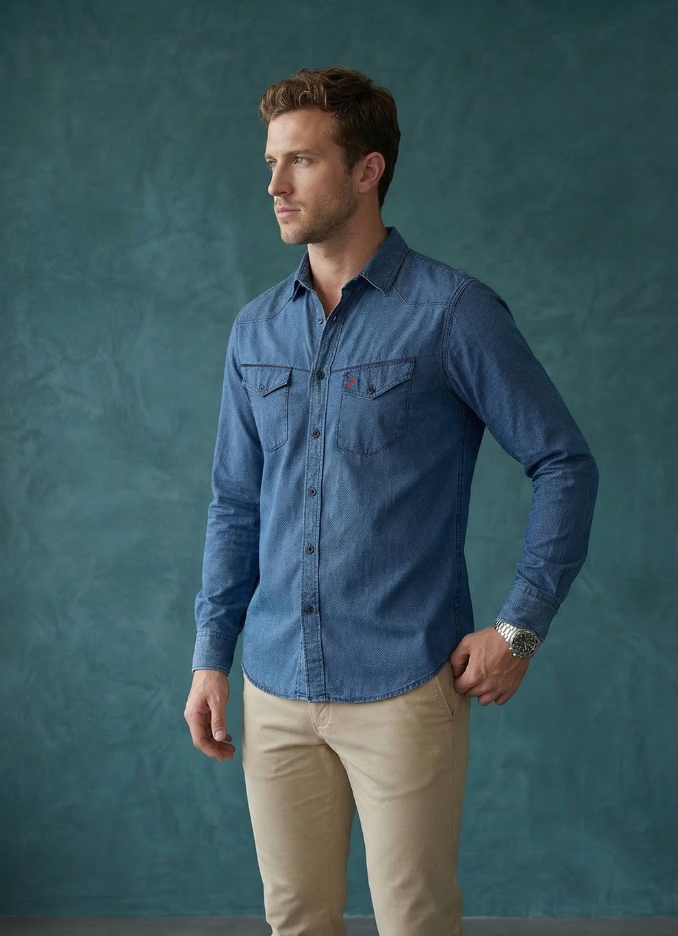 Navy Denim Plain Cotton Slim Fit Full Sleeve Shirt