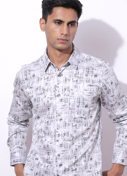 Grey Cotton Printed Slim Fit Shirt with Single Patch Pocket