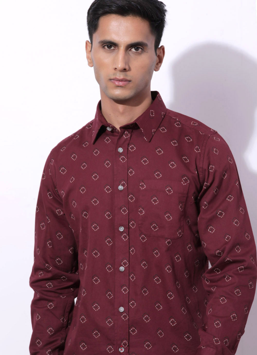 Burgundy Print Cotton Slim Fit Shirt
