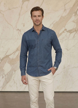 Navy Cotton Denim Plain Slim Fit Full Sleeve Shirt