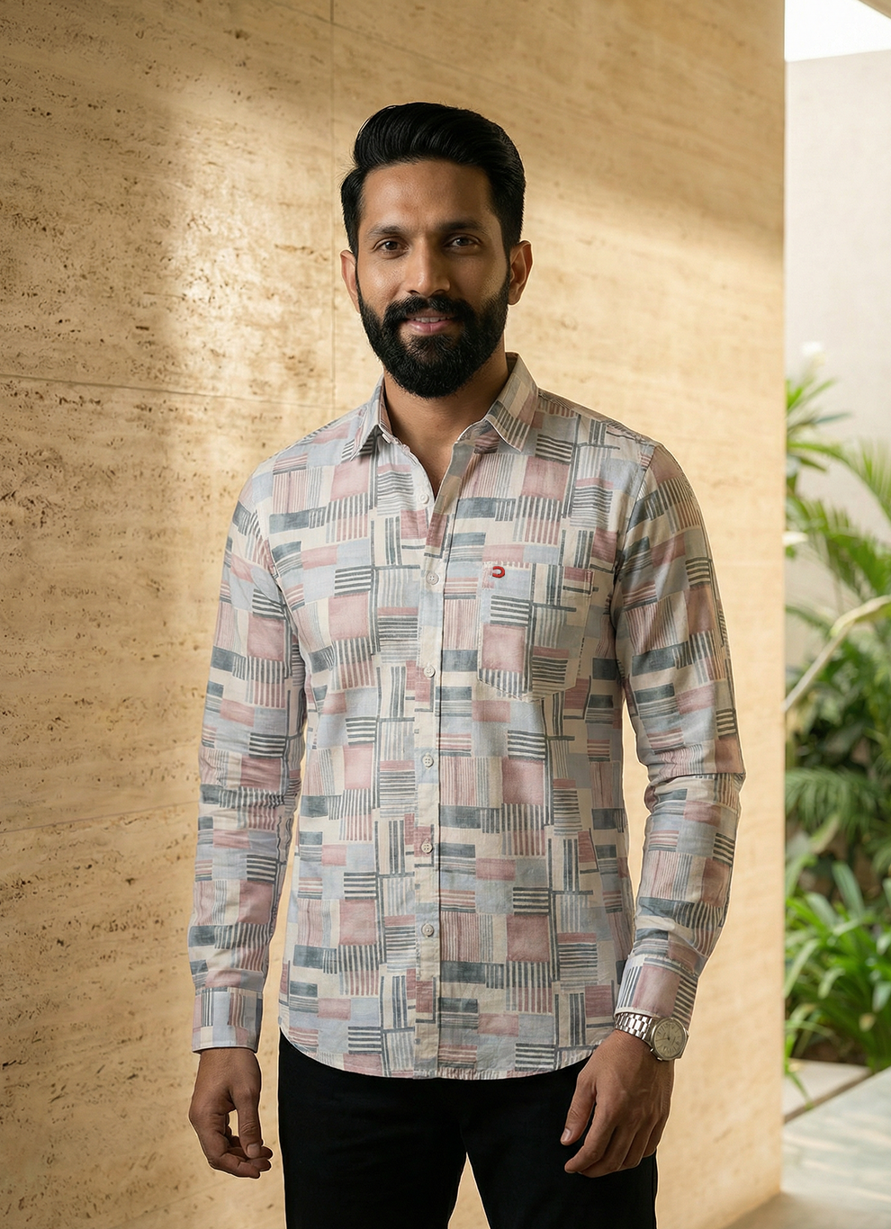 Pink Viscose Print Slim Fit Full Sleeve Shirt