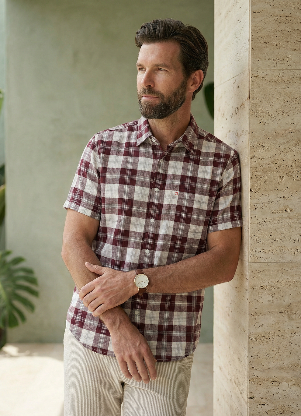 Maroon Cotton Dobby Checks Slim Fit Half Sleeve Shirt