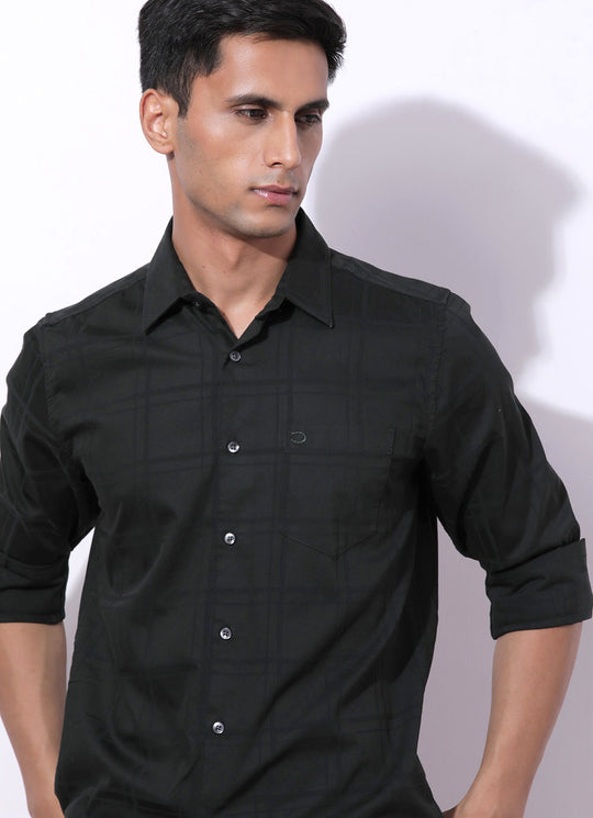Dark Olive Checked Slim Fit Shirt with Single Patch Pocket