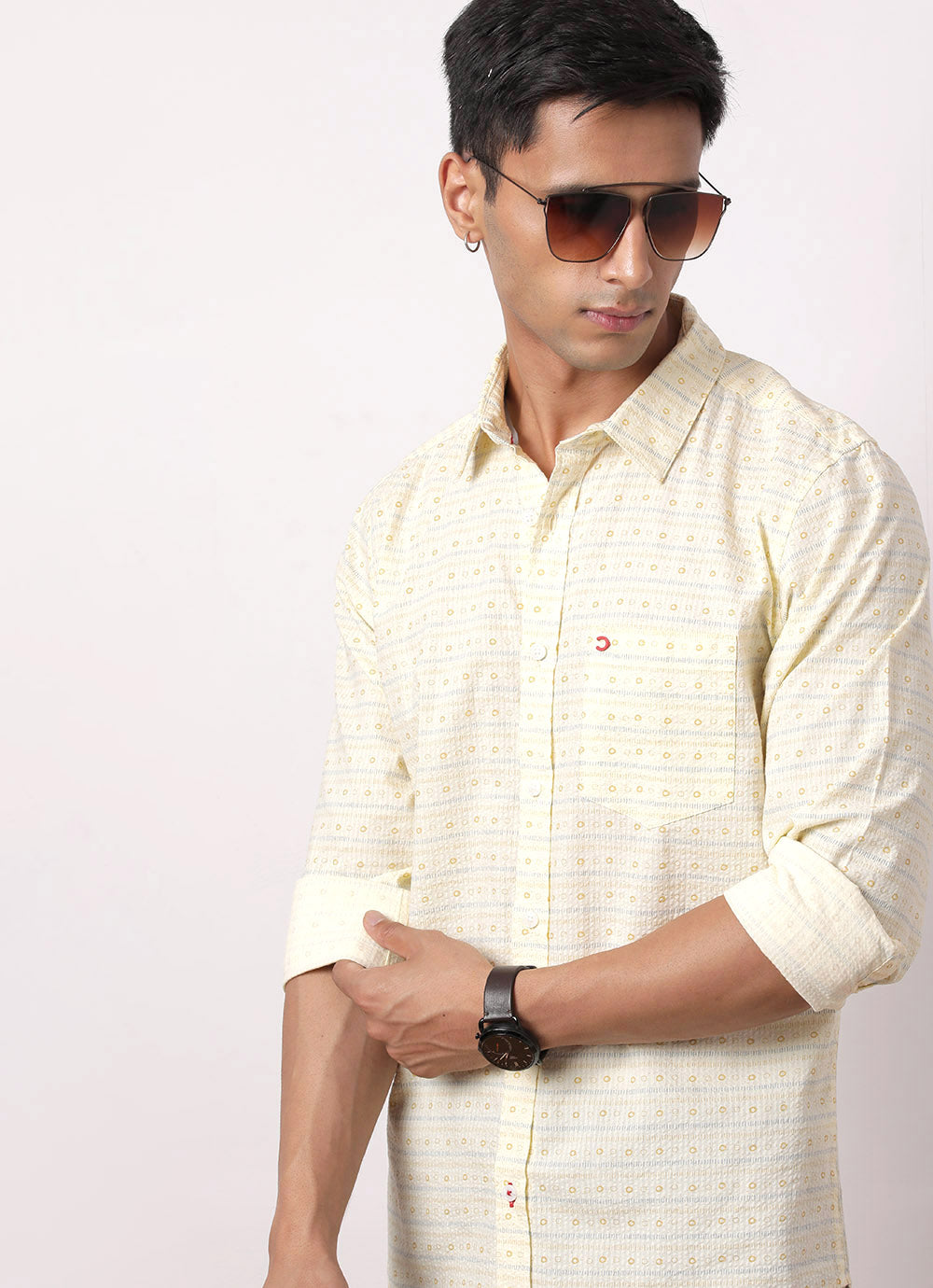 Yellow Cotton Printed Slim Fit Shirt with Single Patch Pocket