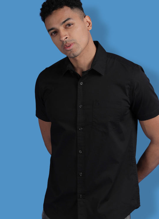 Black Cotton Solid Slim Fit Shirt with Single Patch Pocket