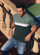 Olive Colour Block Cotton Regular Fit Tshirt