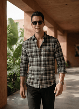 Olive Check Cotton Slim Fit Full Sleeve Shirt